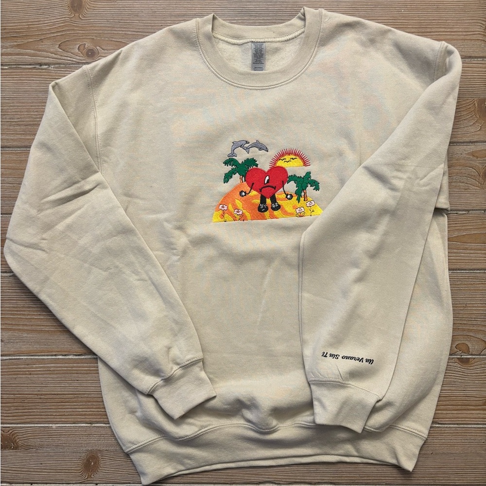 Bad bunny, Cream embroidered sweatshirt with a relaxed fit. 

Medium,for anyone